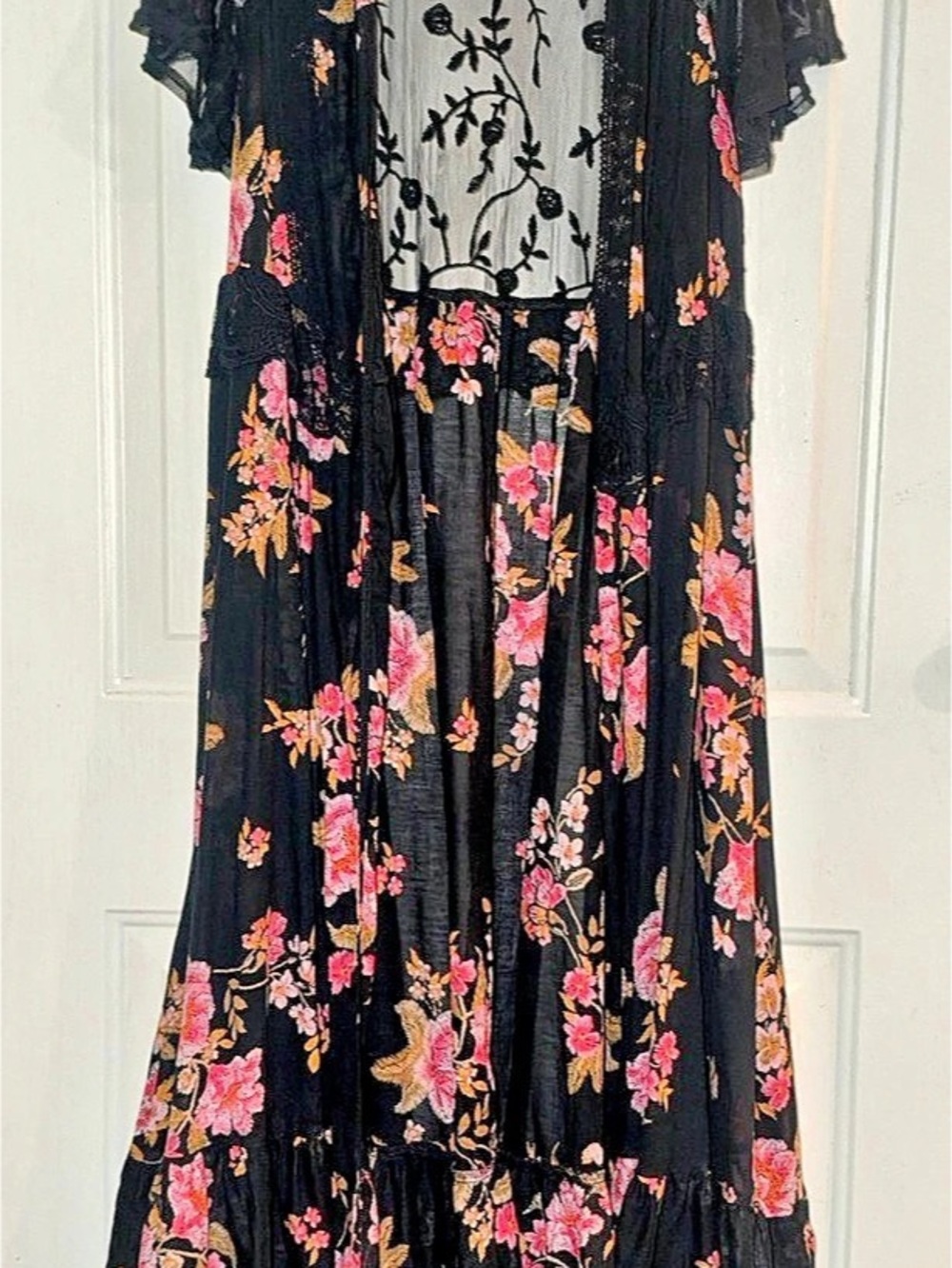 Torrid Black Lace Floral Kimono Duster Maxi Dress Black & Pink Size 00